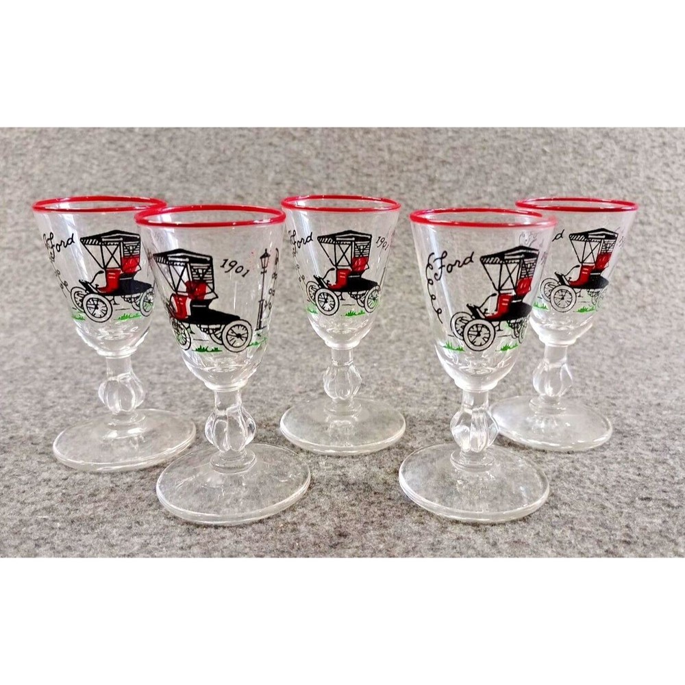 Vintage 1901 Antique Ford Cars Stemmed Shot Glasses Cordials 3.5" Tall Set of 5